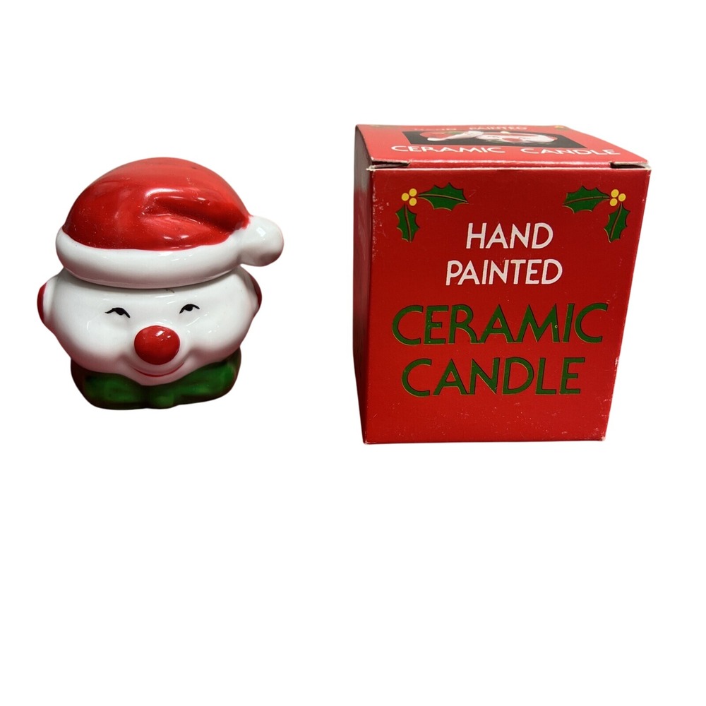 Vintage Mini Hand Painted Ceramic Candle Snowman Head with Santa Hat Lid &‎ Box